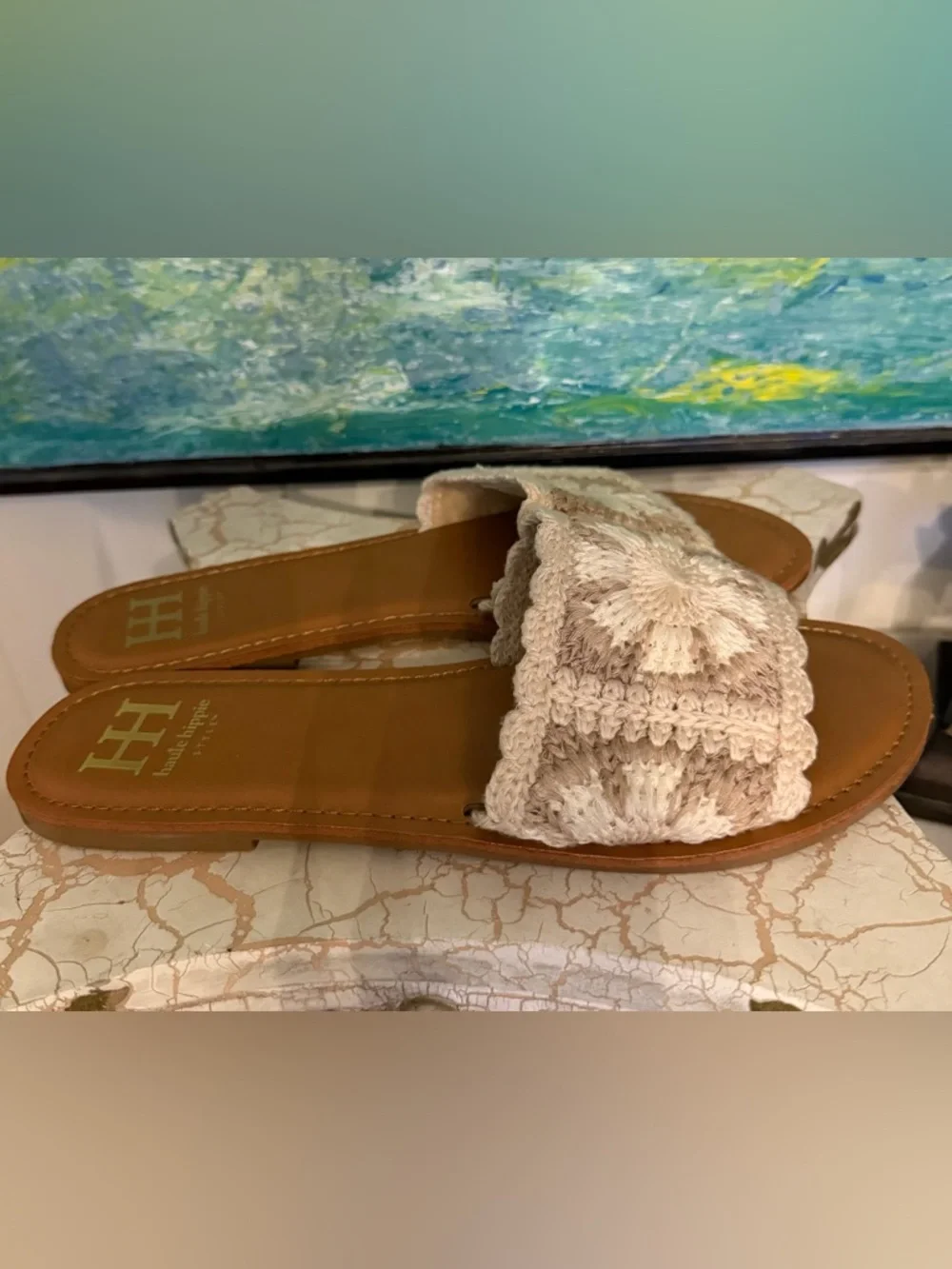 Haute Hippie Cream Crochet Slide Sandals with Tan Footbed